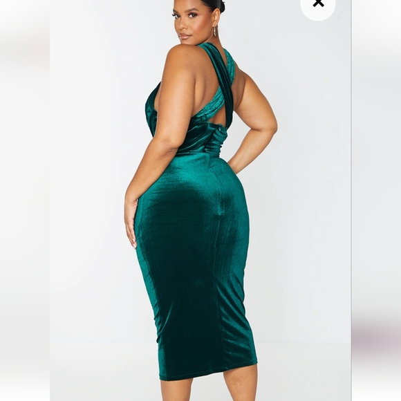 Plus Emerald Green Velvet Underwired Cross Front Midi Dress - Picture 4 of 6